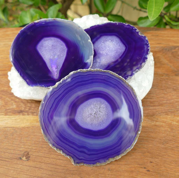 Purple Agate Coasters Set of 3 Dyed Set for Drinks Gemstone Drinkware Agate Slices