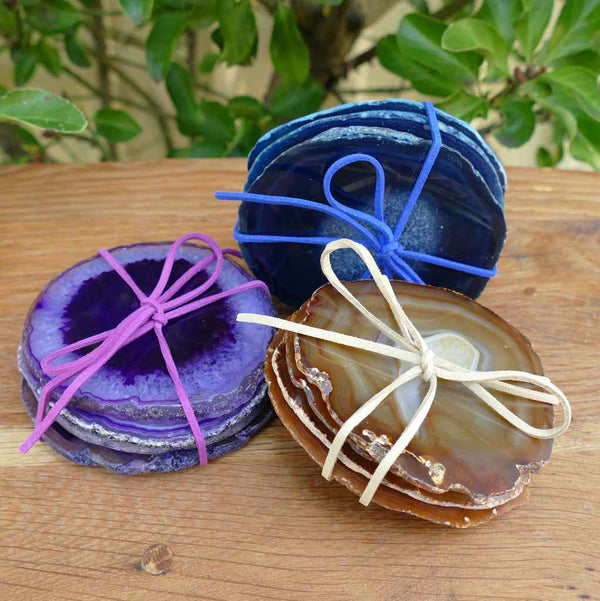 Agate Coasters Set of 4 Dyed Set for Drinks Gemstone Drinkware Agate Slices