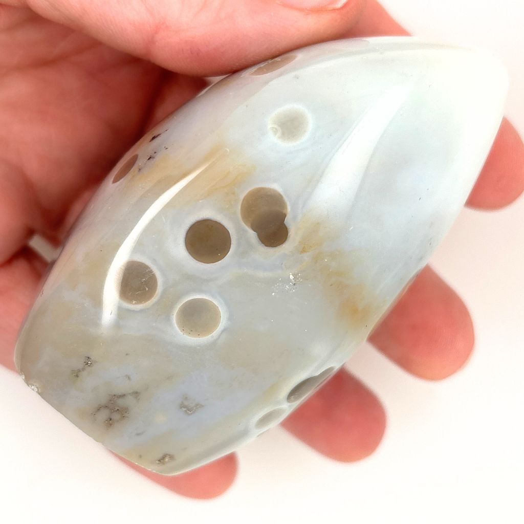 Natural Agate freeform with white and grey orb-like polka dot patterns