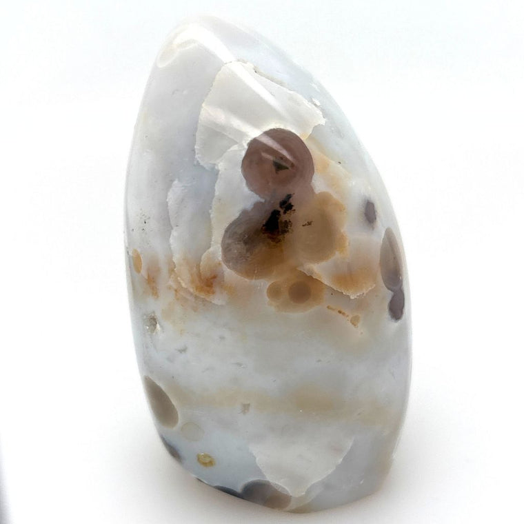 Natural Agate freeform with white and grey orb-like polka dot patterns