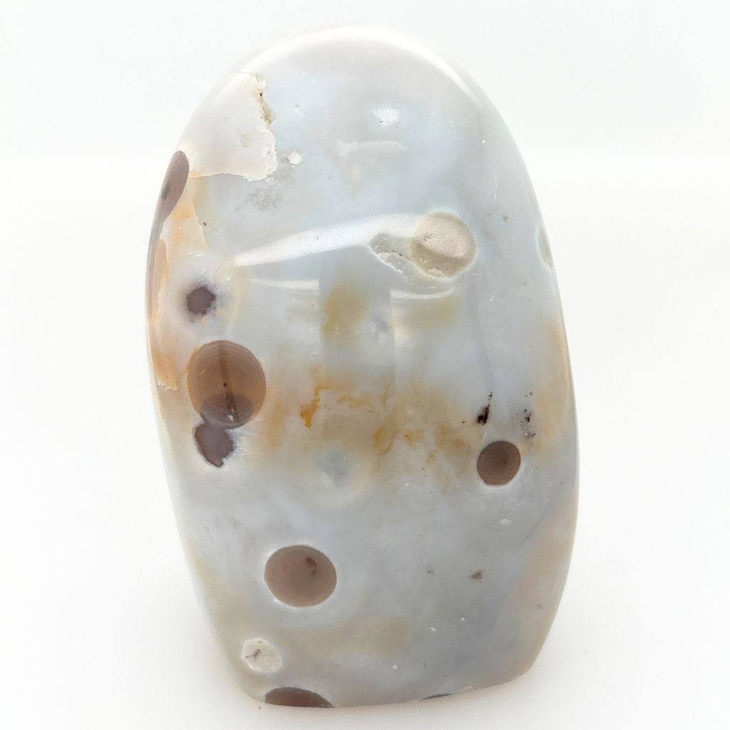 Natural Agate freeform with white and grey orb-like polka dot patterns