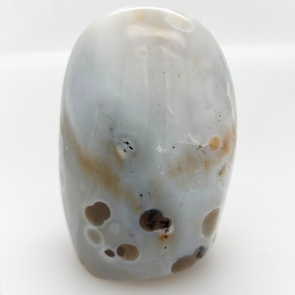 Natural Agate freeform with white and grey orb-like polka dot patterns