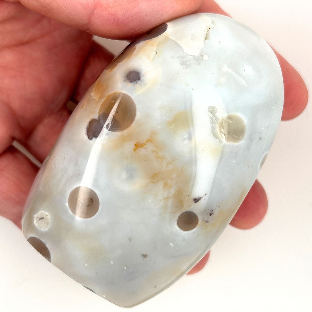Natural Agate freeform with white and grey orb-like polka dot patterns