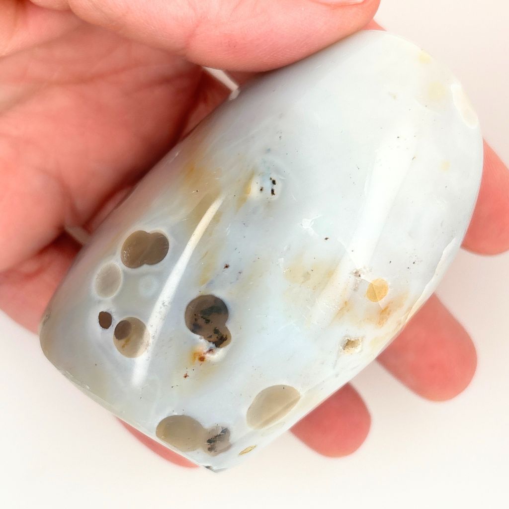 Natural Agate freeform with white and grey orb-like polka dot patterns