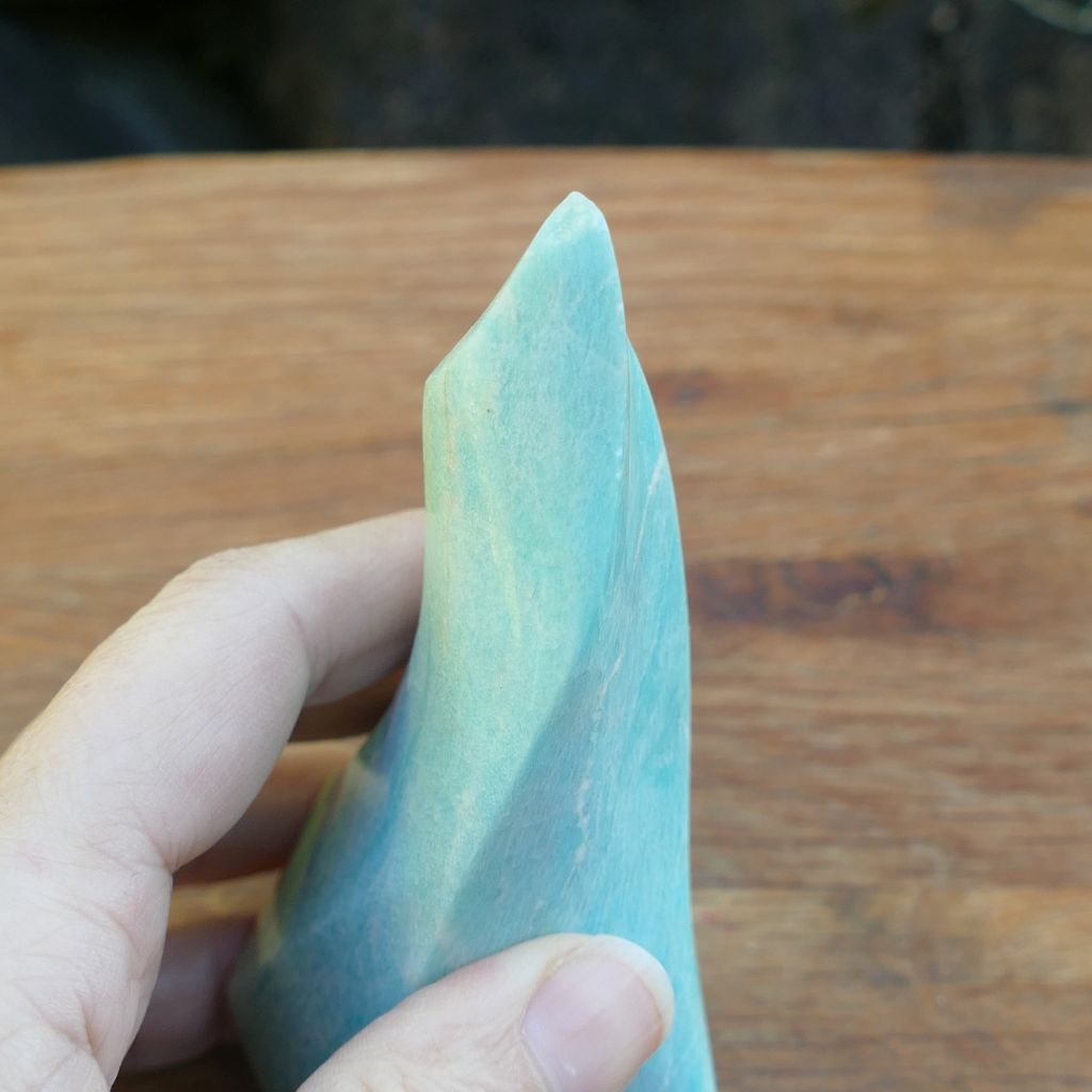 Polished Amazonite Flame crystal with soft blue and green colouring, ideal for communication, emotional healing, meditation, and crystal display.
