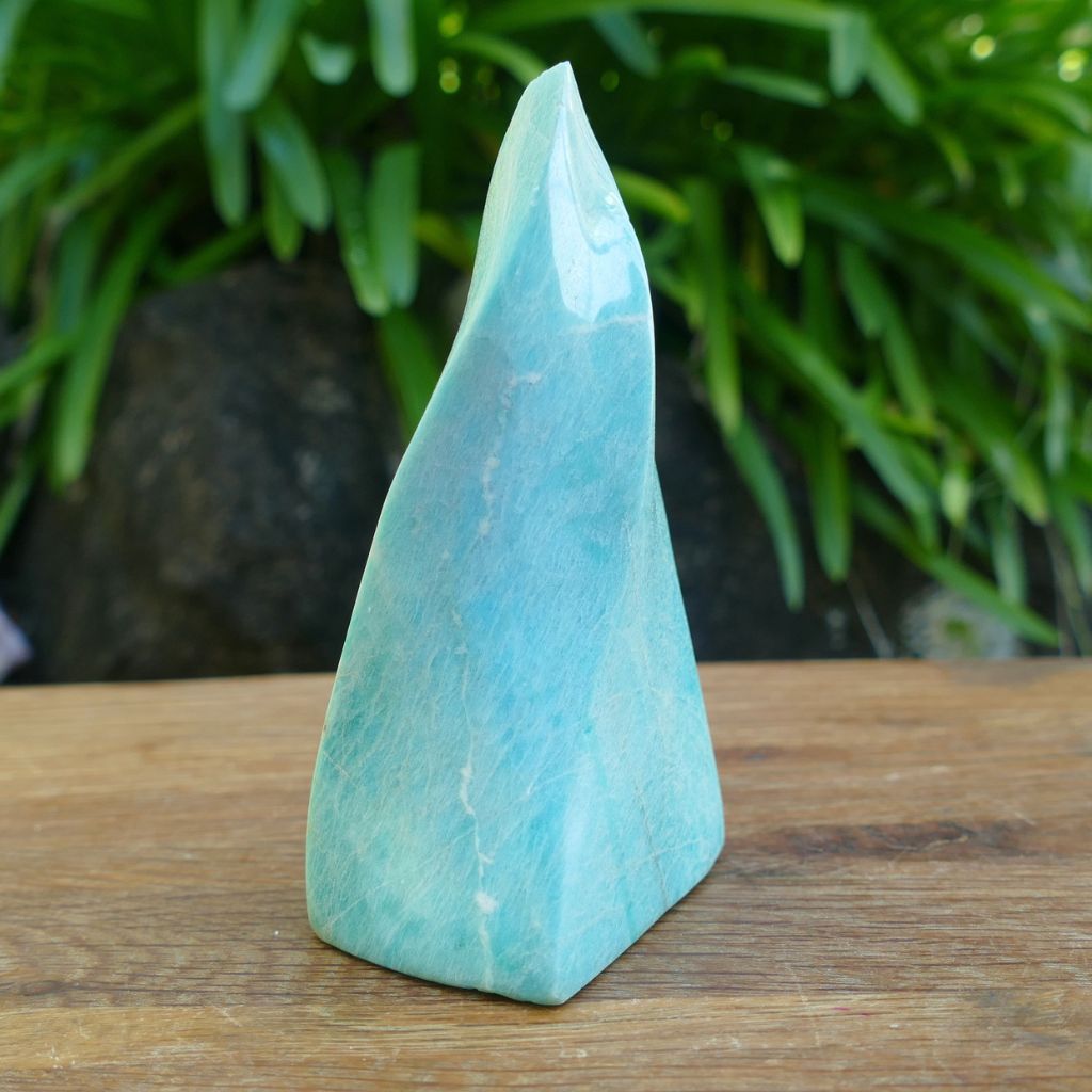 Polished Amazonite Flame crystal with soft blue and green colouring, ideal for communication, emotional healing, meditation, and crystal display.