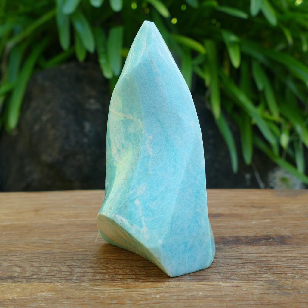 Polished Amazonite Flame crystal with soft blue and green colouring, ideal for communication, emotional healing, meditation, and crystal display.
