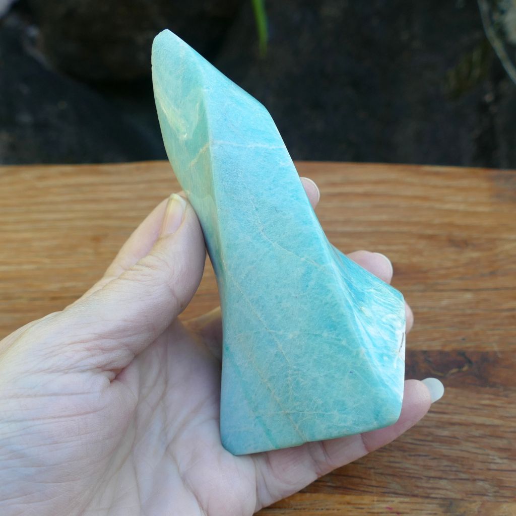 Polished Amazonite Flame crystal with soft blue and green colouring, ideal for communication, emotional healing, meditation, and crystal display.
