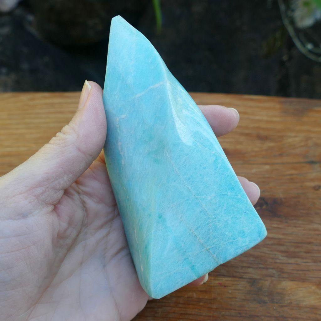 Polished Amazonite Flame crystal with soft blue and green colouring, ideal for communication, emotional healing, meditation, and crystal display.