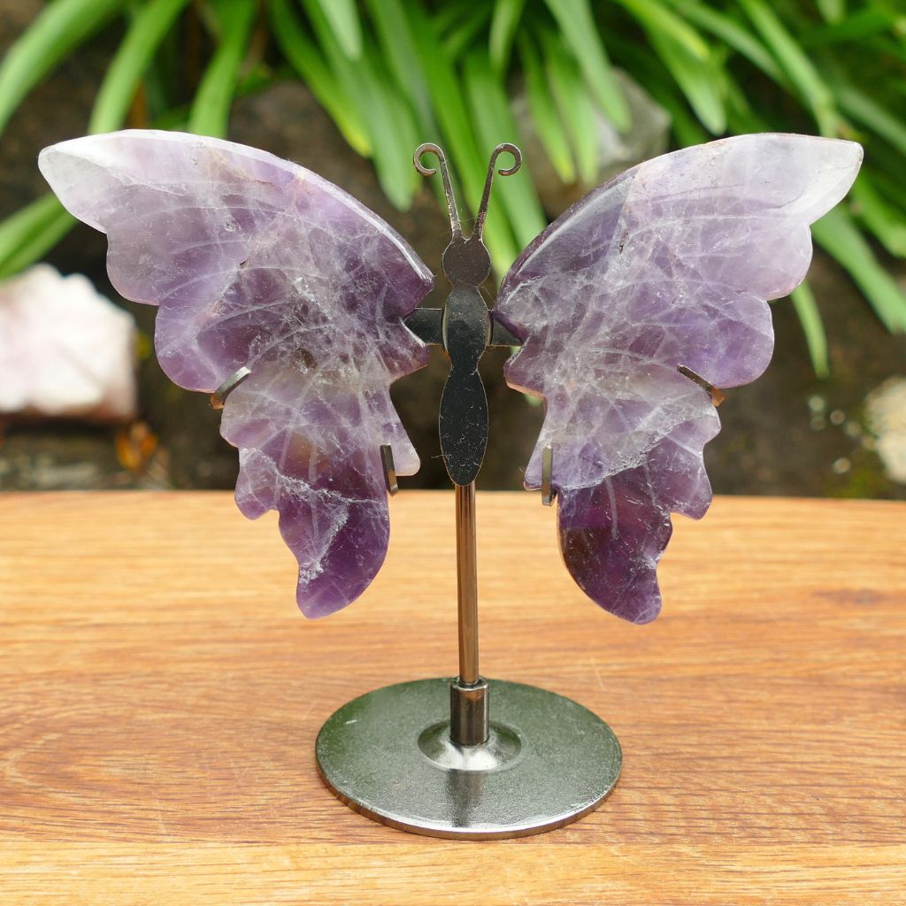 Natural Amethyst Butterfly Wings on Stand | Crystal Butterfly Display
