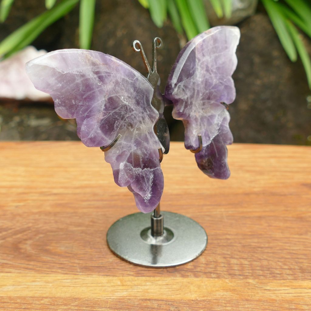 Natural Amethyst Butterfly Wings on Stand | Crystal Butterfly Display