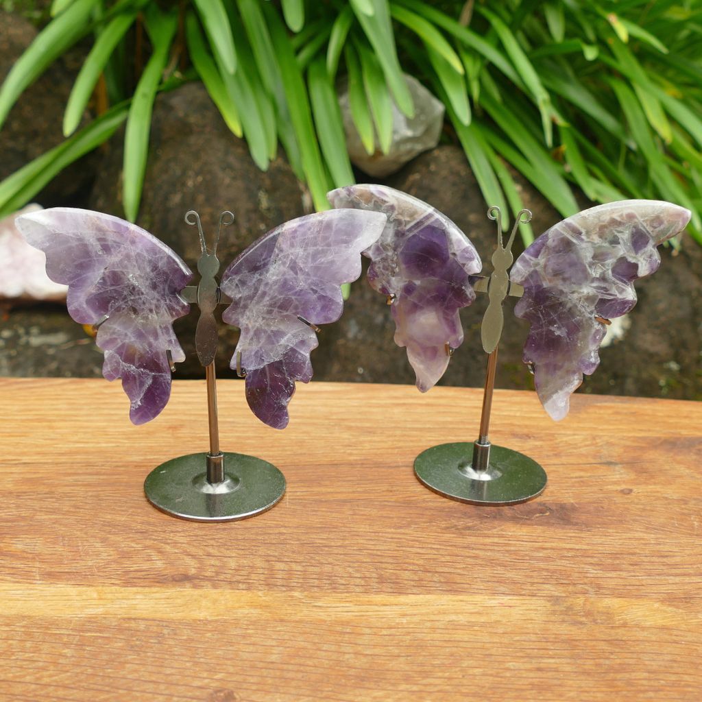 Natural Amethyst Butterfly Wings on Stand | Crystal Butterfly Display