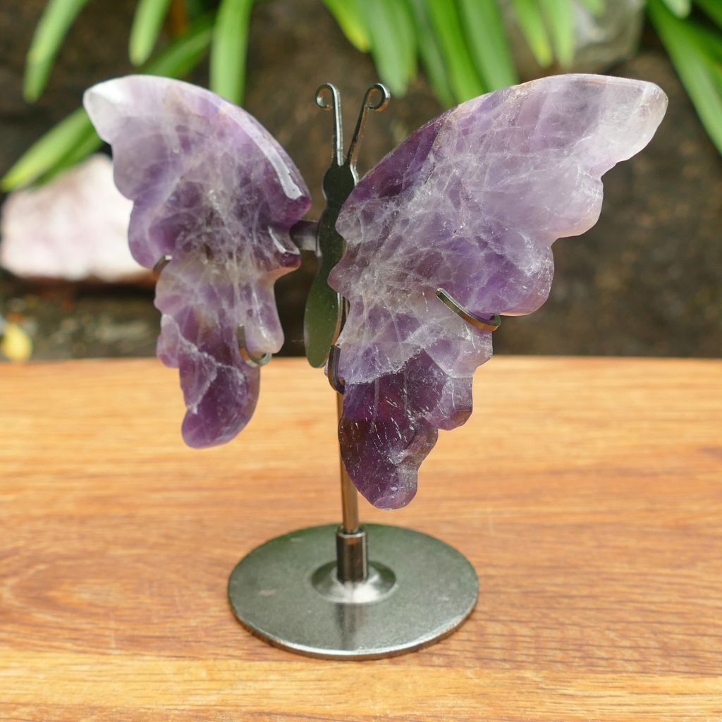 Natural Amethyst Butterfly Wings on Stand | Crystal Butterfly Display