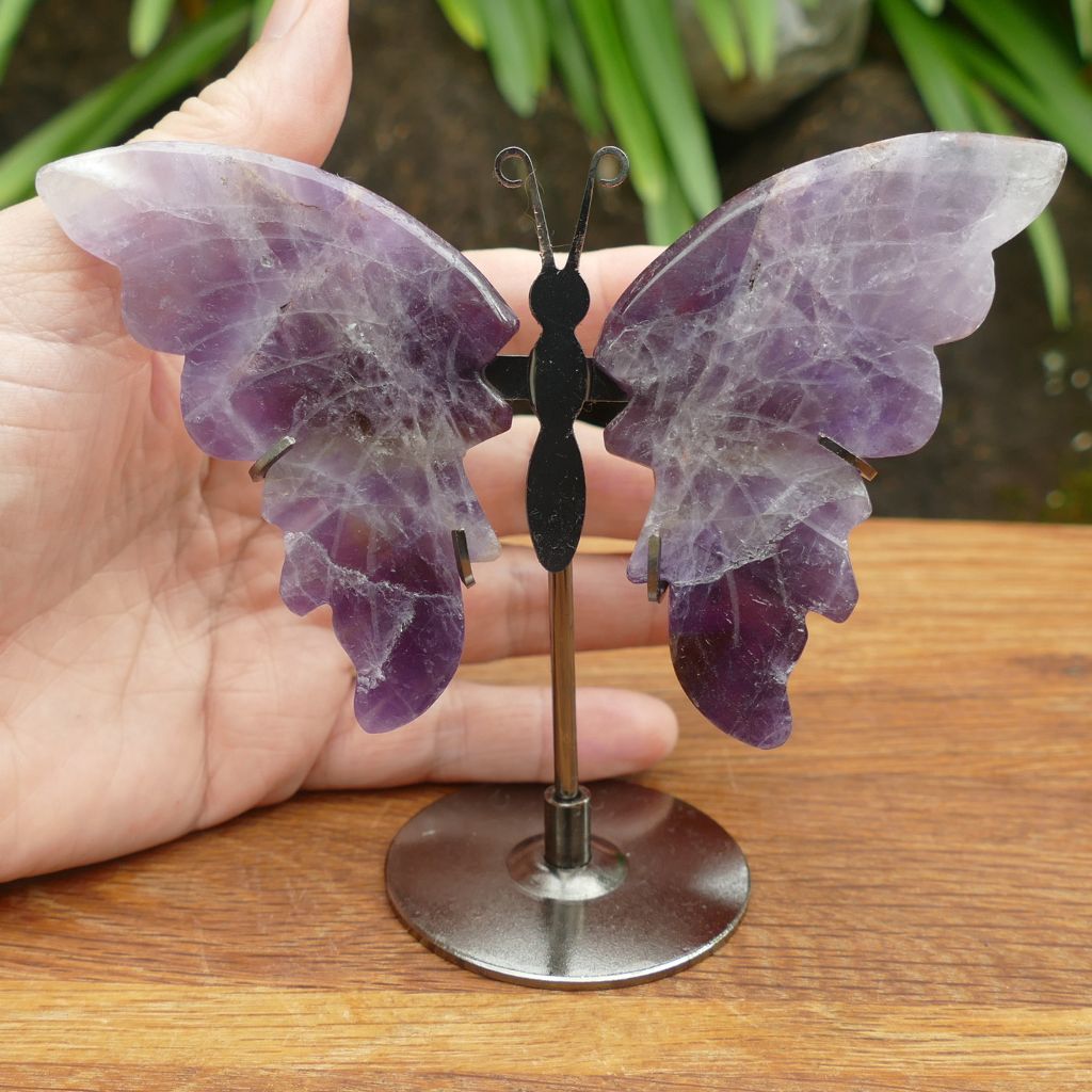 Natural Amethyst Butterfly Wings on Stand | Crystal Butterfly Display