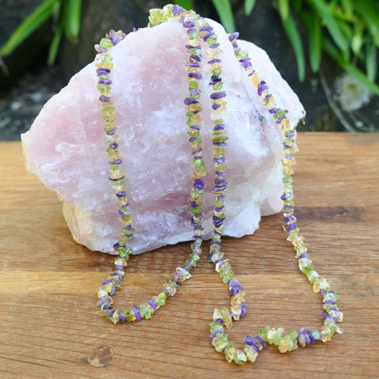 Amethyst Citrine Peridot chip gemstone necklace 34 inch natural crystal jewellery