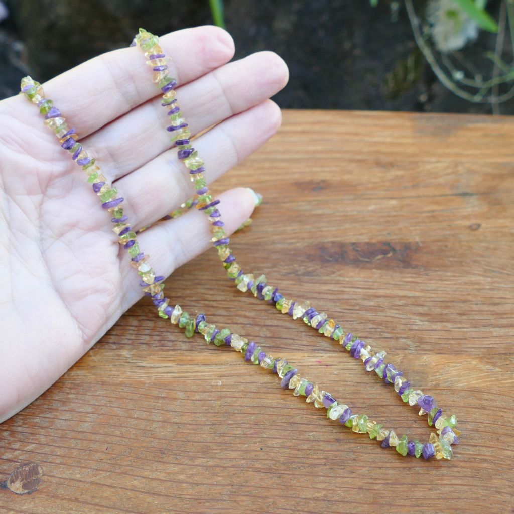 Amethyst Citrine Peridot chip gemstone necklace 34 inch natural crystal jewellery