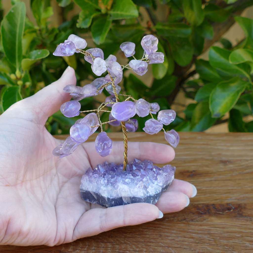 Crystal Gem Tree on an Amethyst Base with Amethyst Leaves