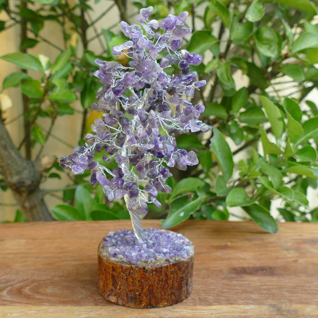 amethyst crystal gem tree on wood base