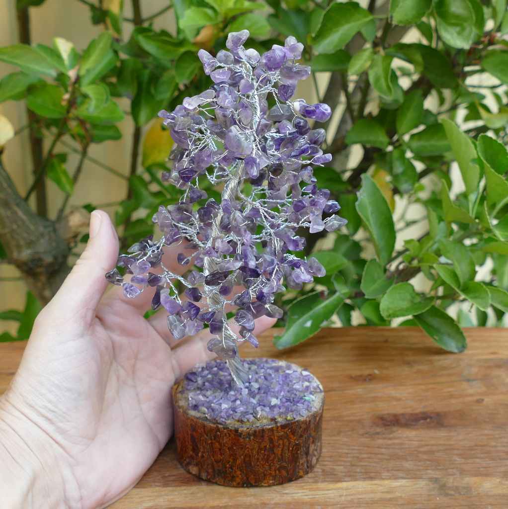 amethyst crystal gem tree on wood base