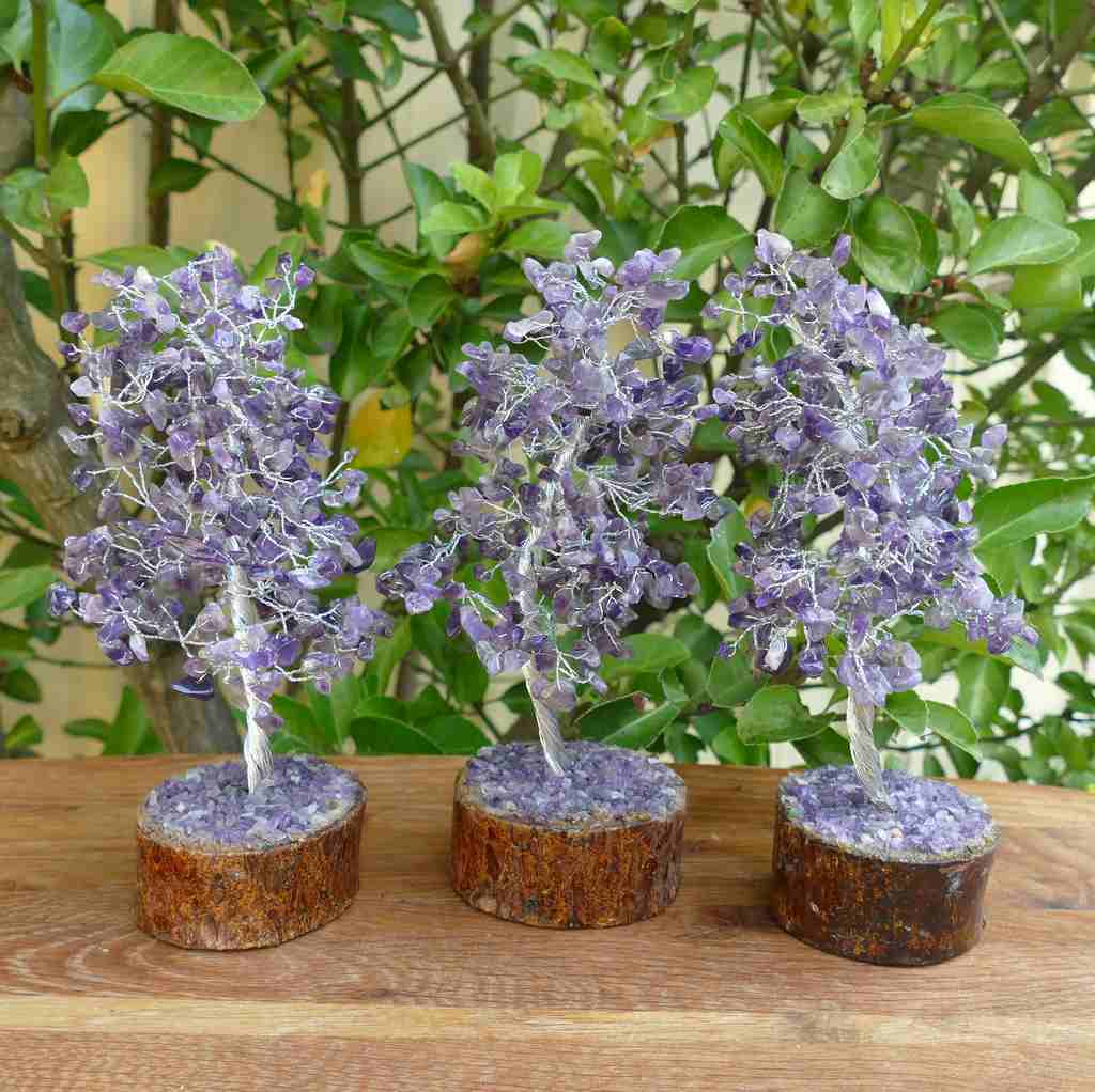 amethyst crystal gem tree on wood base