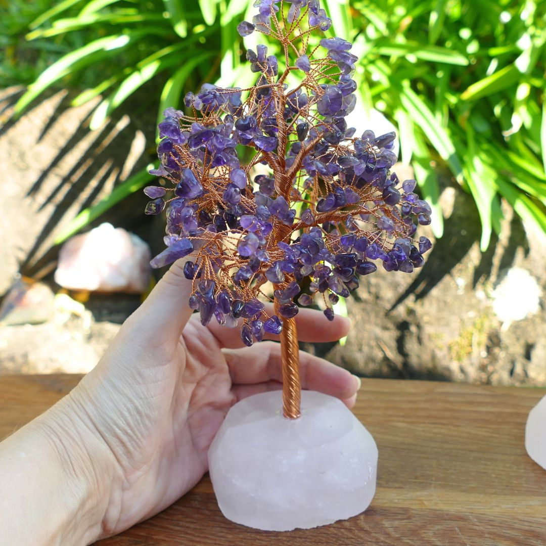 Amethyst Crystal Gem Tree on Rose Quartz Base | 22cm Crystal Tree