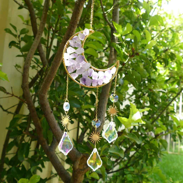 Amethyst Crystal Moon Suncatcher - for Home Decor, Indoor Window, Decorations