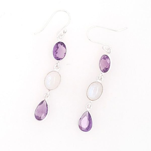 Amethyst & Moonstone Earrings in 925 Sterling Silver Beautifully Polished with Dangle Hook