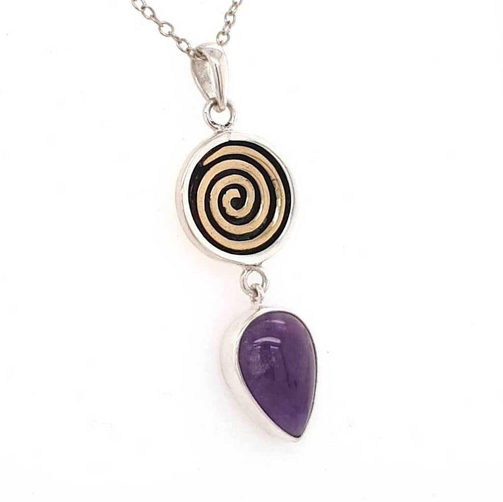 amethyst & bronze spiral pendant
