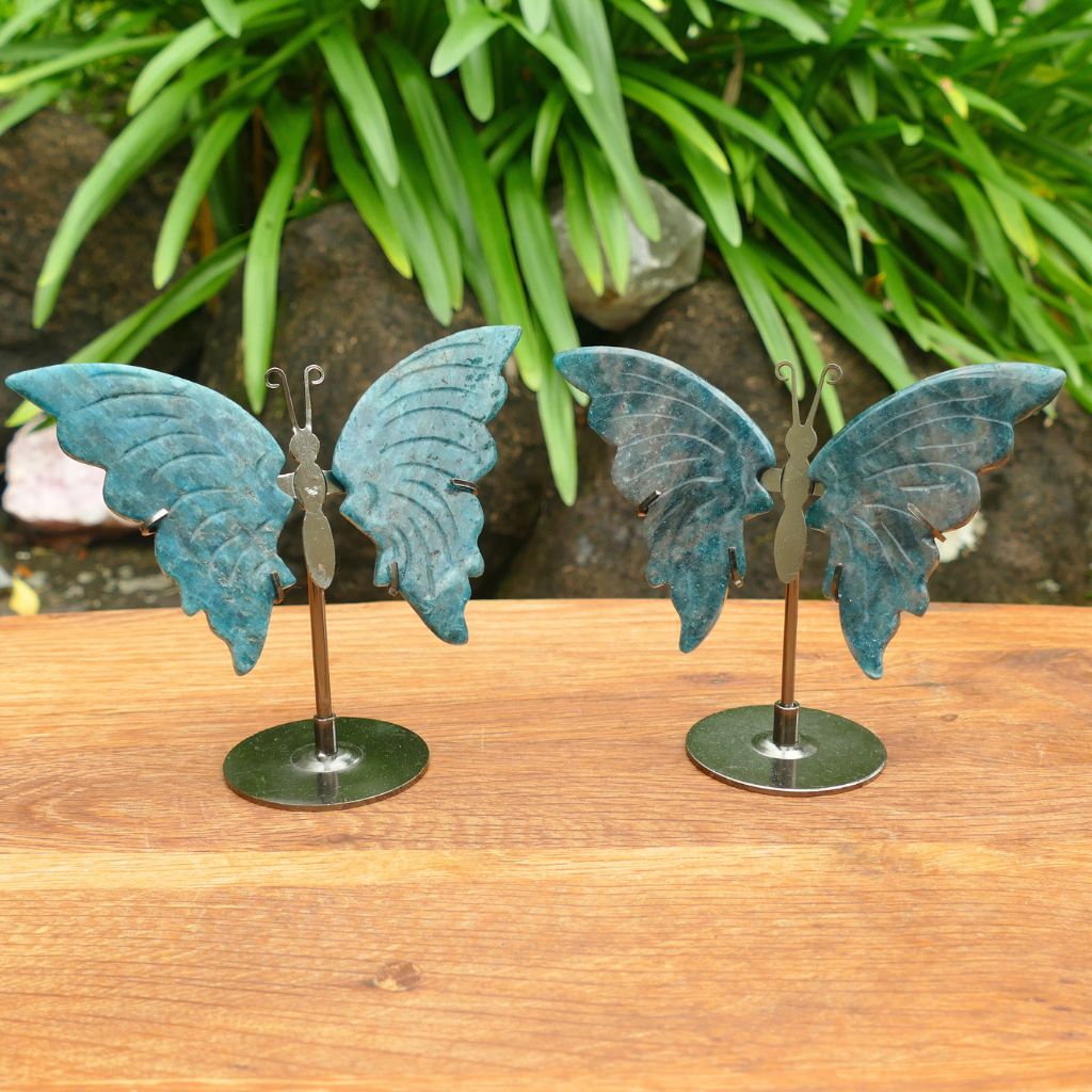 Natural Blue Apatite Butterfly Wings on Stand | Crystal Butterfly Display