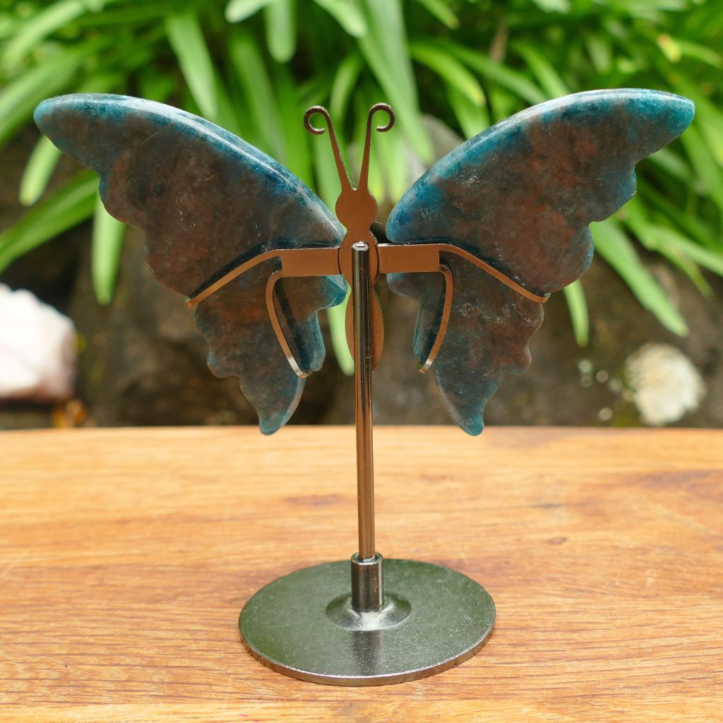Natural Blue Apatite Butterfly Wings on Stand | Crystal Butterfly Display