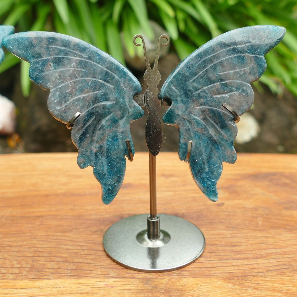 Natural Blue Apatite Butterfly Wings on Stand | Crystal Butterfly Display