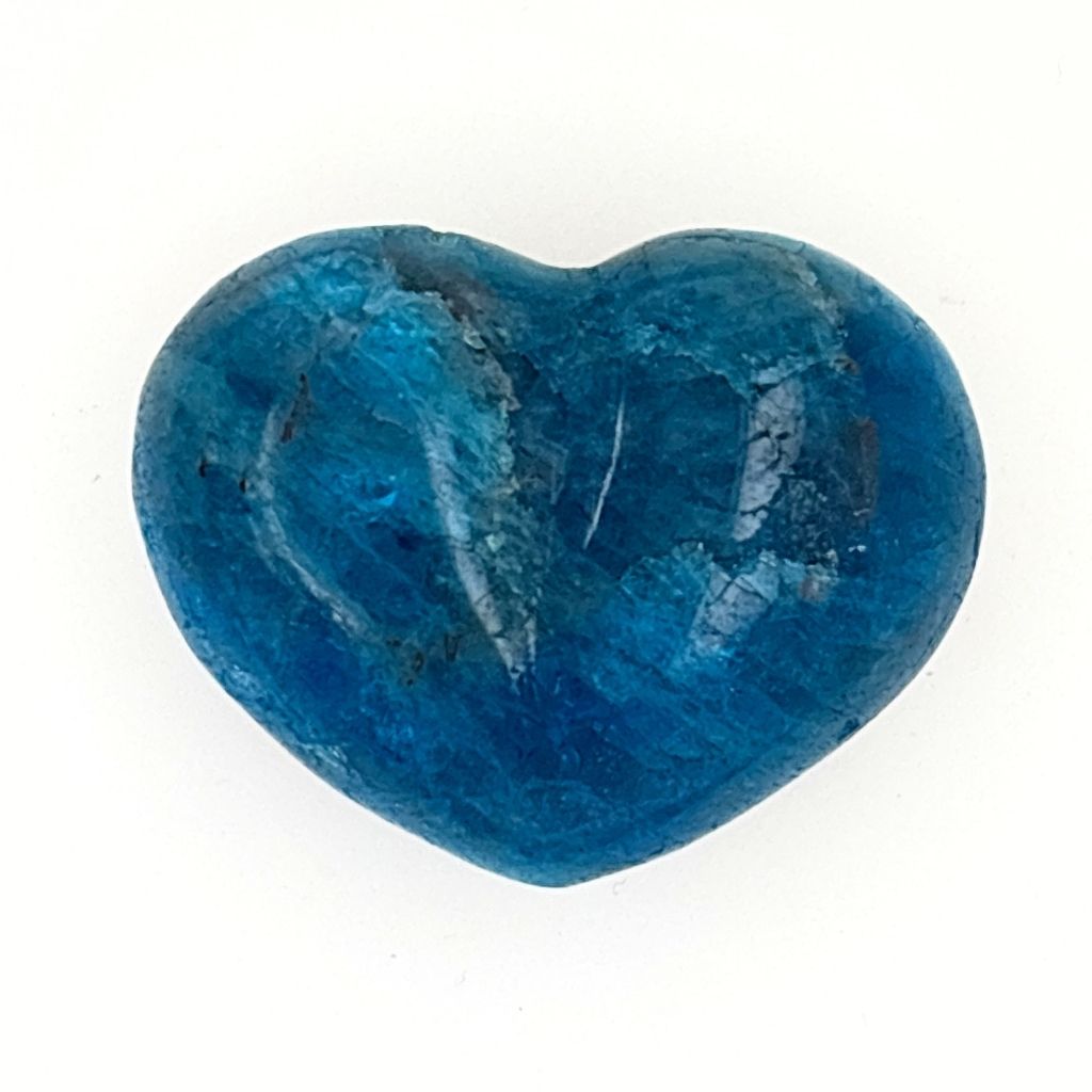 Polished blue Apatite crystal heart with vibrant ocean blue colouring