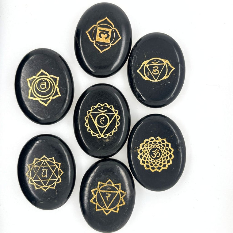 7 piece Black Agate Chakra Stone Set with gold chakra symbols