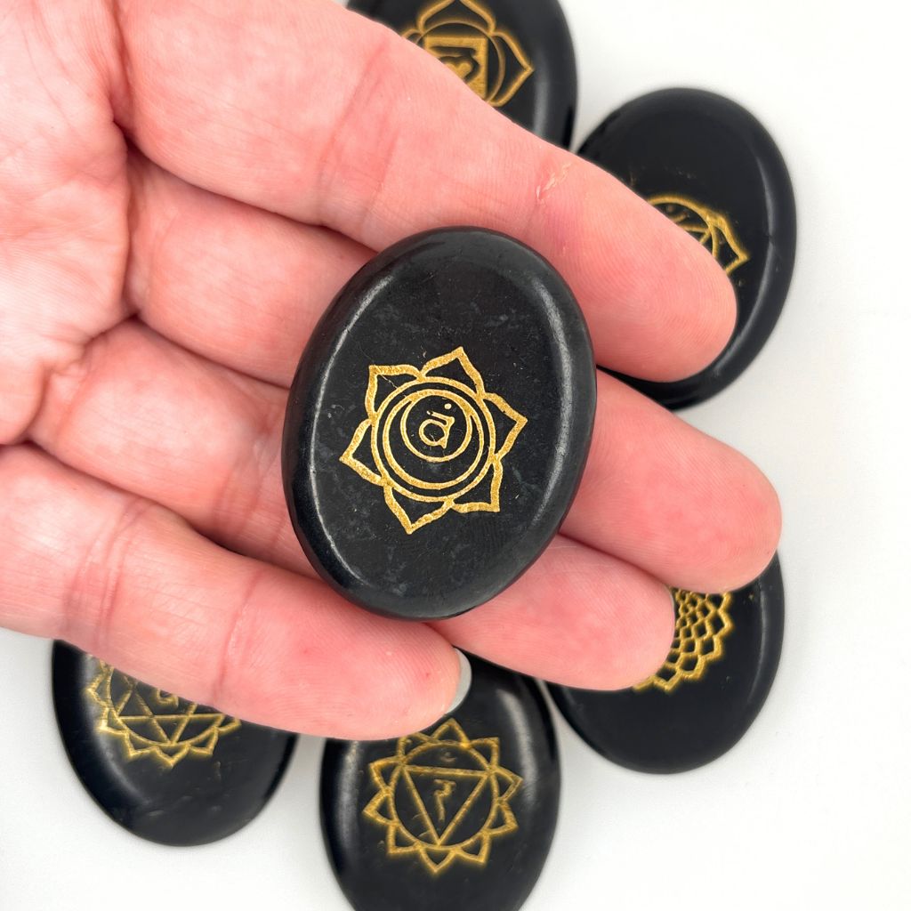 7 piece Black Agate Chakra Stone Set with gold chakra symbols