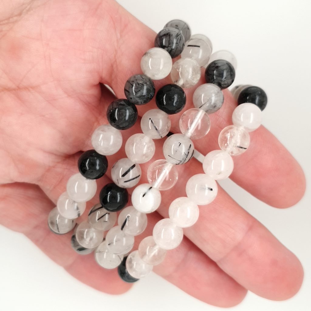 black rutilated quartz bead bracelet