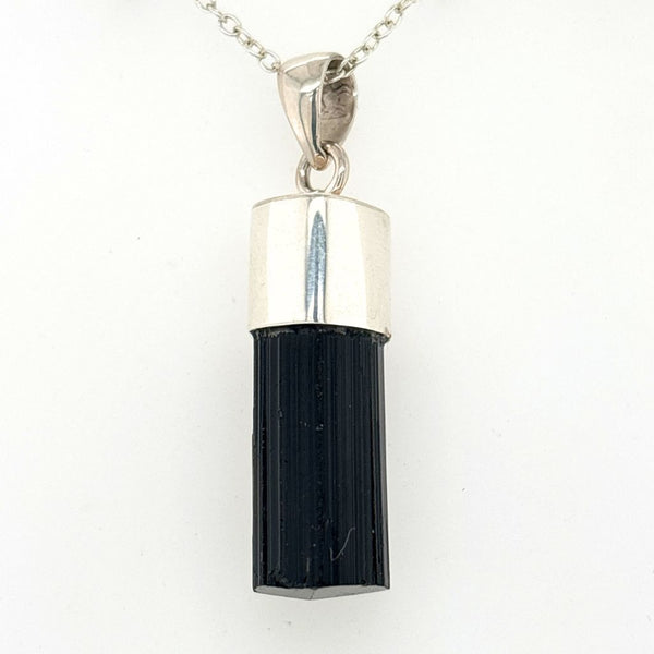 Black Tourmaline Pendant – Natural Crystal in Sterling Silver