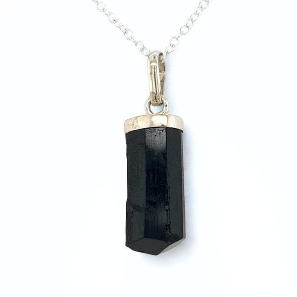 Black Tourmaline Pendant – Natural Crystal in Sterling Silver