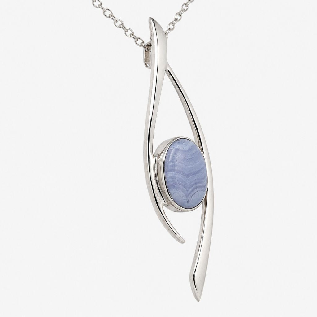 Blue Lace Agate Pendant Natural Gemstone in 925 Sterling Silver