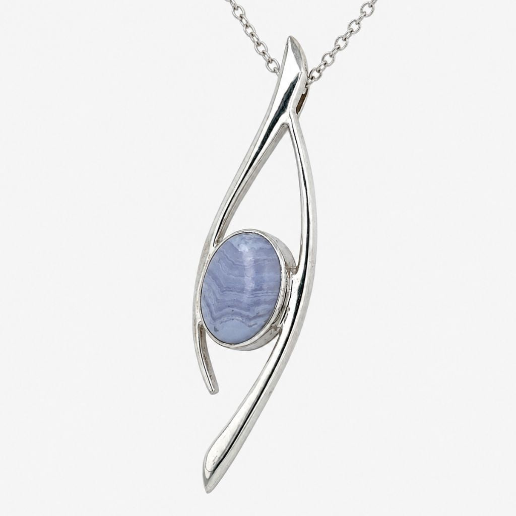 Blue Lace Agate Pendant Natural Gemstone in 925 Sterling Silver