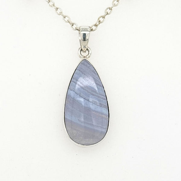 Blue Lace Agate Crystal Teardrop Shape Pendant in Sterling Silver Jewellery Necklace
