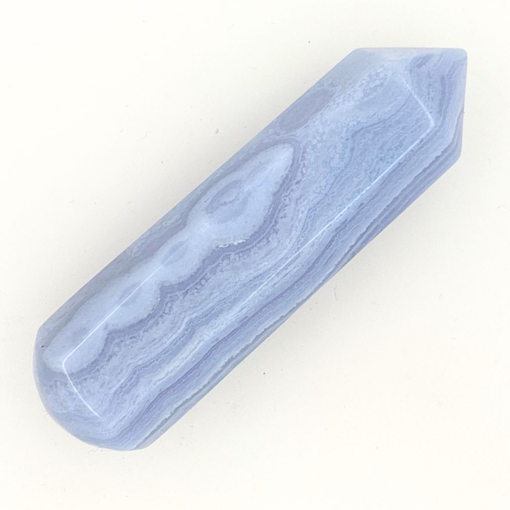 Natural Blue Lace Agate crystal wand 70mm with soft blue and white banding