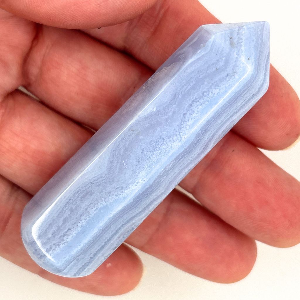 Natural Blue Lace Agate crystal wand 70mm with soft blue and white banding