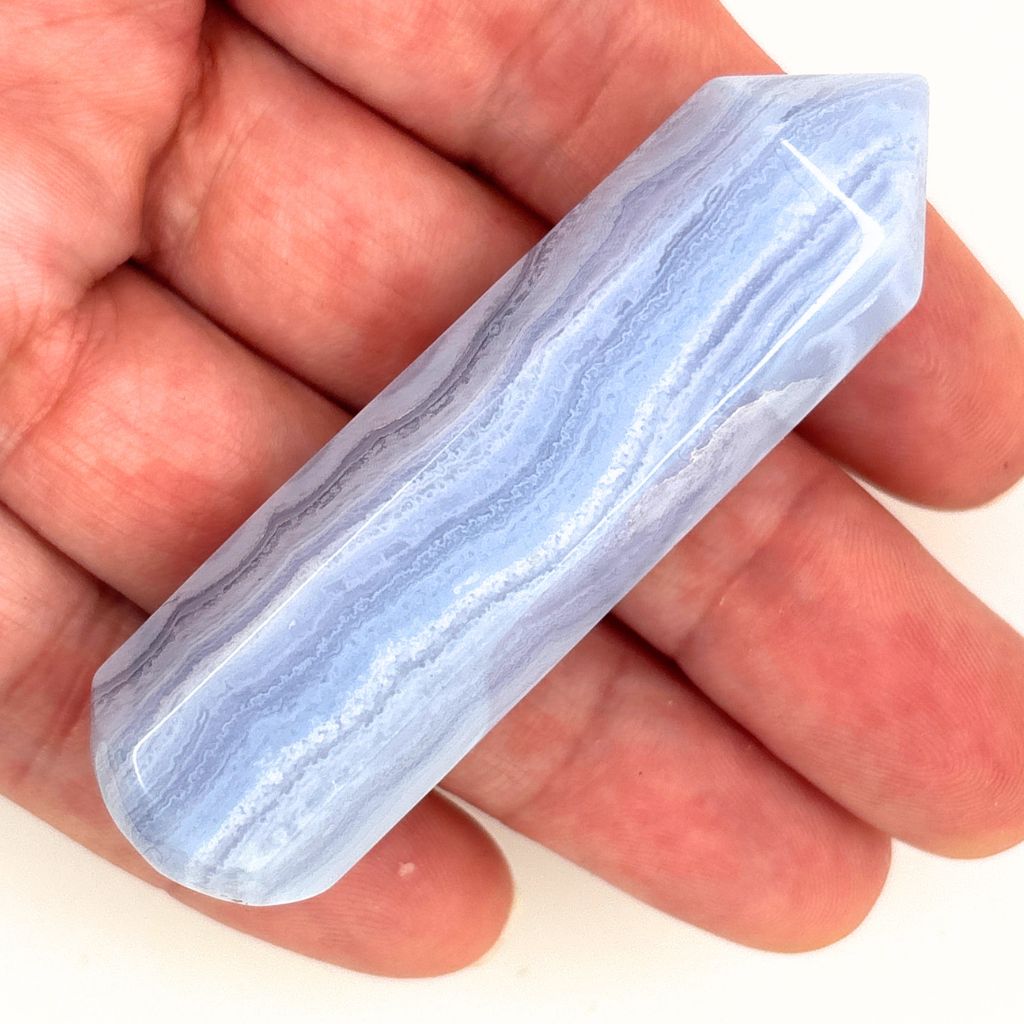 Natural Blue Lace Agate crystal wand 70mm with soft blue and white banding