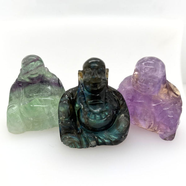 Crystal Buddha Carving – Fluorite, Amethyst & Labradorite