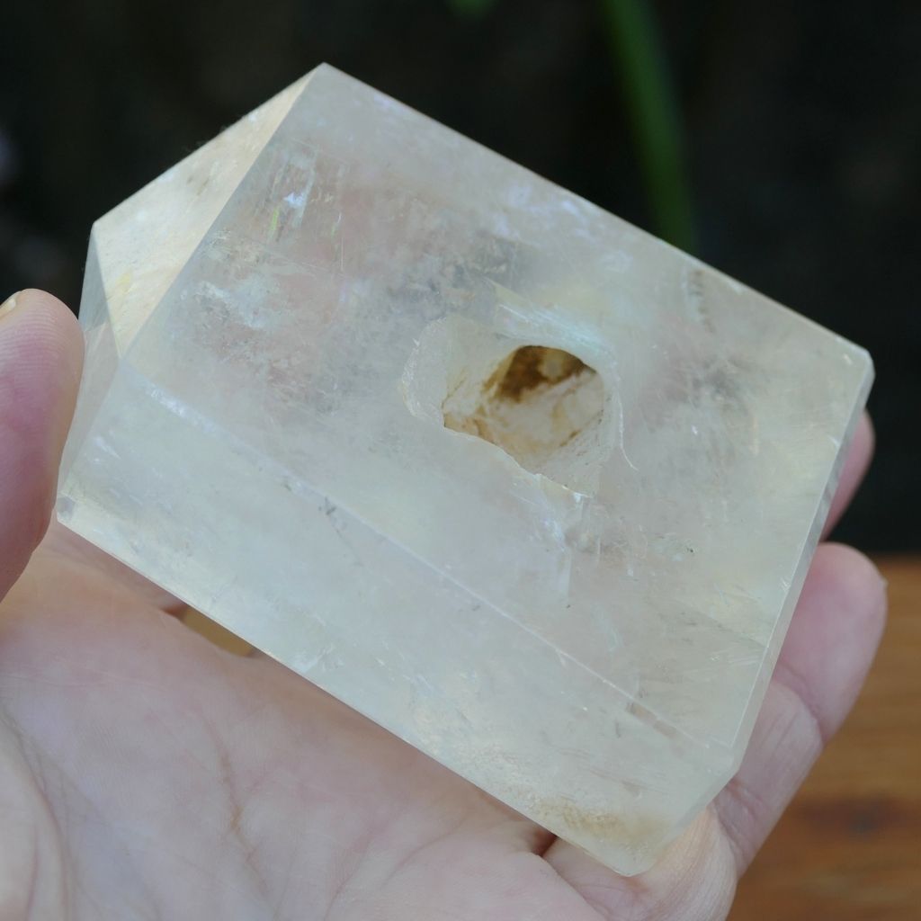 Unique Calcite crystal point with natural keyhole inclusion polished tower crystal