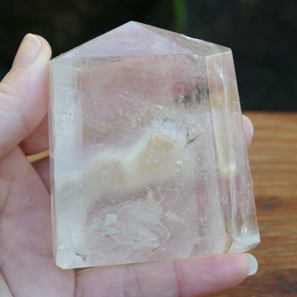Unique Calcite crystal point with natural keyhole inclusion polished tower crystal