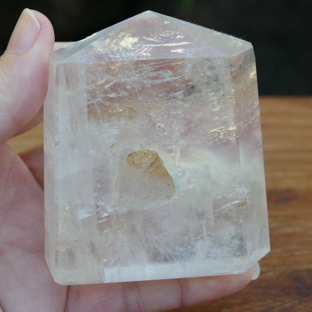 Unique Calcite crystal point with natural keyhole inclusion polished tower crystal