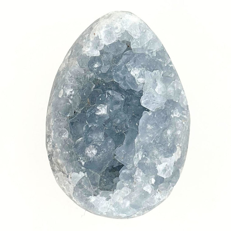 Natural Celestite crystal egg 118g with pale blue crystal geode cavity