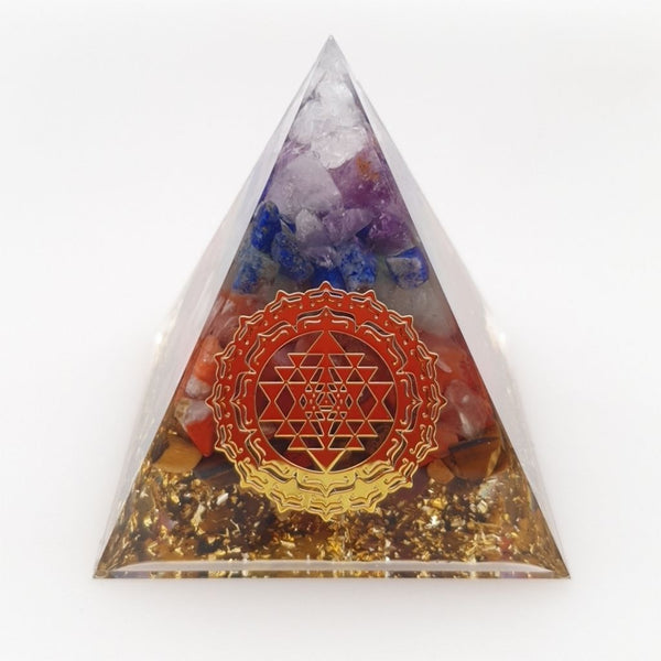 Chakra Orgonite Pyramid with Sri Yantra Symbol