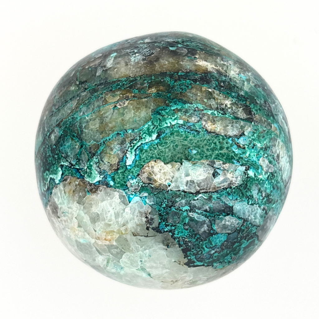 Chrysocolla in quartz crystal sphere from Peru